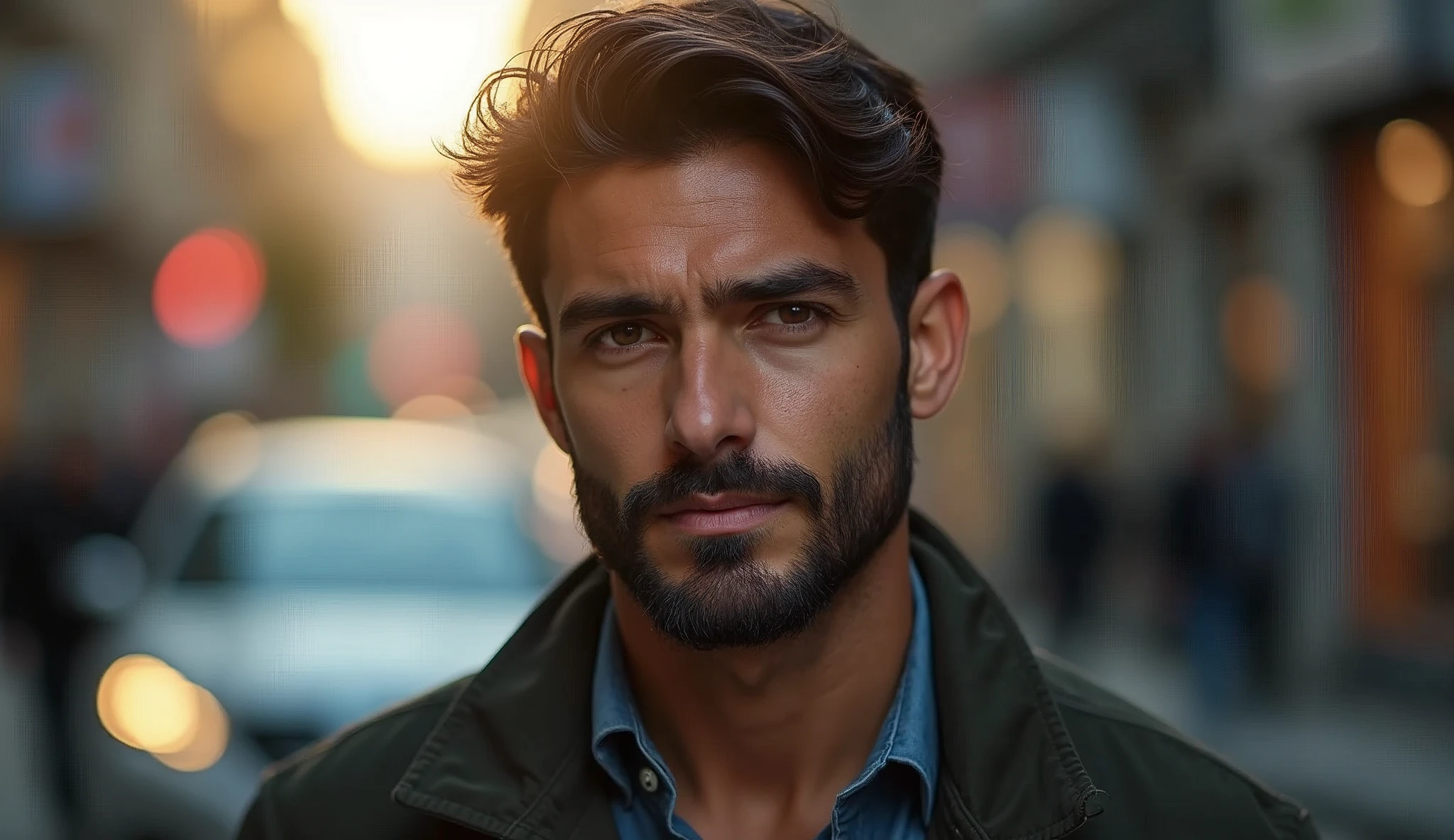 Portrait of a 35-year-old adult man with a youthful appearance, with himself as the main subject. He should have short, slightly wavy dark brown hair and a thin beard evenly distributed across his face, as well as a serious, thoughtful expression, looking directly at the camera. He is in an outdoor environment, suggesting a busy street in an urban center on a late afternoon at sunset, with natural lighting coming from the side, creating a soft effect that creates diffuse shadows highlighting the texture of the skin and the brightness of the eyes, and emphasizing the angular features of the face. The background should be wide and blurred, giving a tone of depth, focusing on the main subject, with points of light in a bokeh effect, suggesting light from cars and street lamps. The image should convey a warm and introspective feeling, with a touch of mystery and contemplation. The photograph should capture extreme detail, with high-quality rendering in 8k, while maintaining the serene and enigmatic atmosphere. High quality photography, 8k rendering, extreme detail, realistic portrait, introspective atmosphere, soft and diffused lighting, natural light.