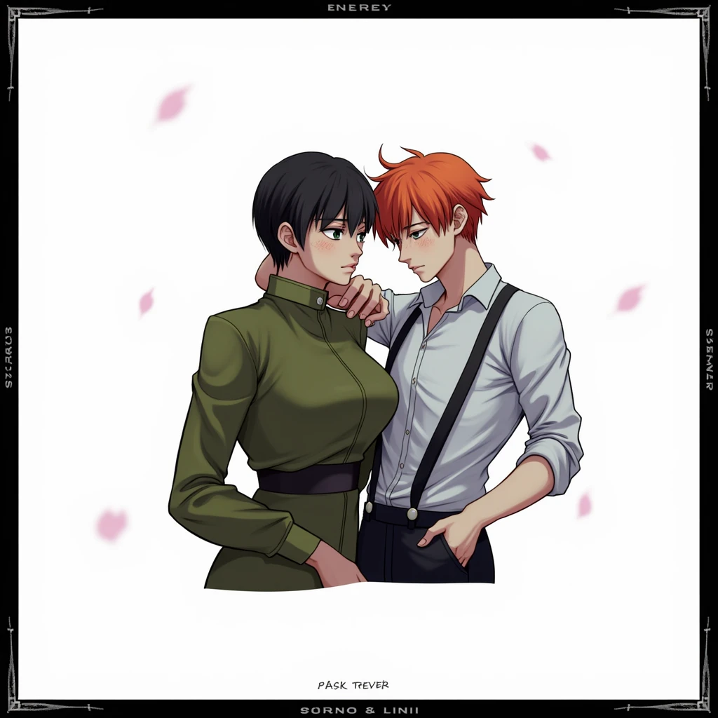 2 people, Handsome guy with red hair, green eyes, Freckles, He hugs a woman with very short black hair and black eyes., serious face, anime art, realistically, masterpiece, Beautiful, realistically