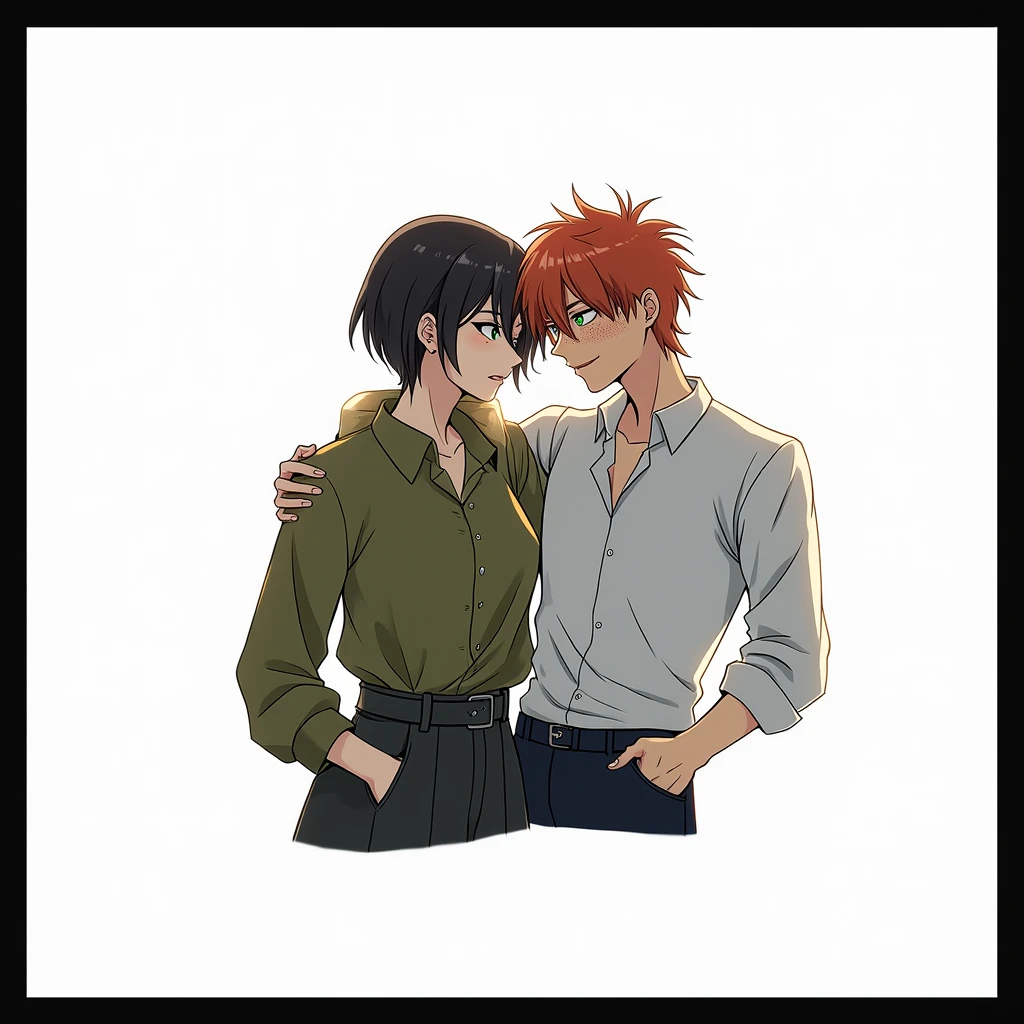 2 people, orange boy with green eyes and freckles hugging a serious-faced woman with short black hair and black eyes, anime art, realistic, masterpiece, beautiful