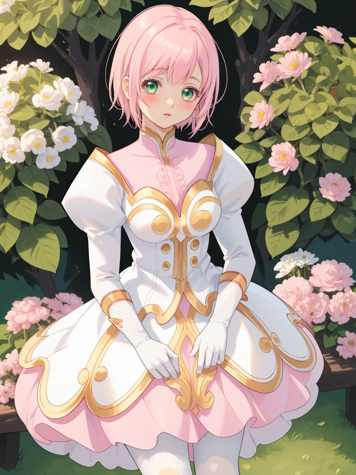 masterpiece, Highest quality, alone, One Girl,Estellise Sidos Heurassein, Pink Hair, short hair, Green Eyes, Small breasts, White and pink dress, Glamorous Dress, Pink collar, Pink Skirt, White boots, White gloves, (Black Pantyhose, Black legwear:1.1)whole body, Little:5, cute, (Beautifully detailed face), (Beautiful attention to detail), (Beautiful detailed hair), mini skirt, (skirt lifted by self:1.2), pov