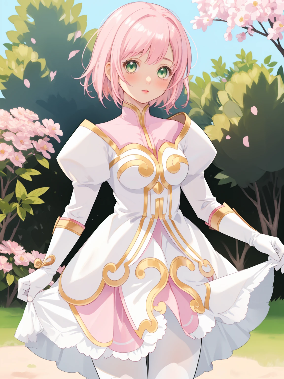 masterpiece, Highest quality, alone, One Girl,Estellise Sidos Heurassein, Pink Hair, short hair, Green Eyes, Small breasts, White and pink dress, Glamorous Dress, Pink collar, Pink Skirt, White boots, White gloves, (Black Pantyhose, Black legwear:1.1)whole body, Little:5, cute, (Beautifully detailed face), (Beautiful attention to detail), (Beautiful detailed hair), mini skirt, (skirt lifted by self:1.2), pov