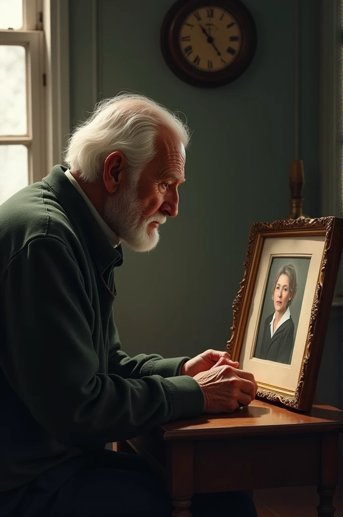 Seen :an old person remembering his late wife and thinking that i don't know you will be no more one day.Hislate wife picture is in front of him in a photo frame.A very emotional seen. Make an image of it.