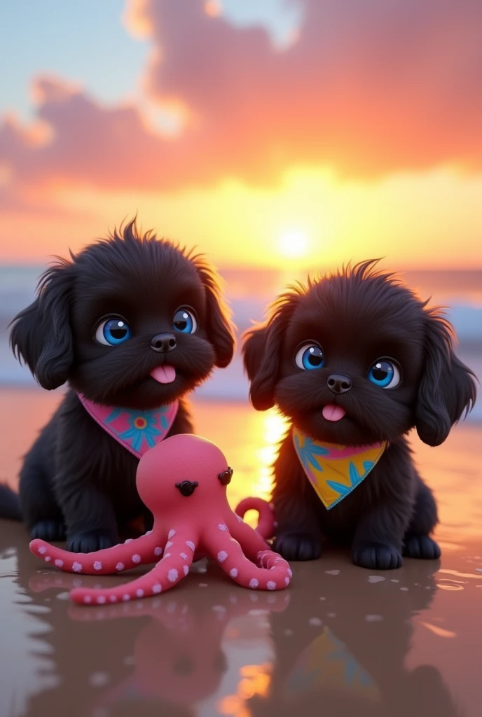 2 adorable black shih tzu puppies, cute blonde girl, extremely detailed big blue eyes, detailed face, beautiful lips, long eyelashes, wearing colorful collar and bandana, wearing sunglasses,playing with cute octopus, 3D Pixar style, at beach, sunrise in background, photorealistic, (best quality,8k,highres,masterpiece:1.2),ultra-detailed,(realistic:1.37),HDR,vivid colors,studio lighting