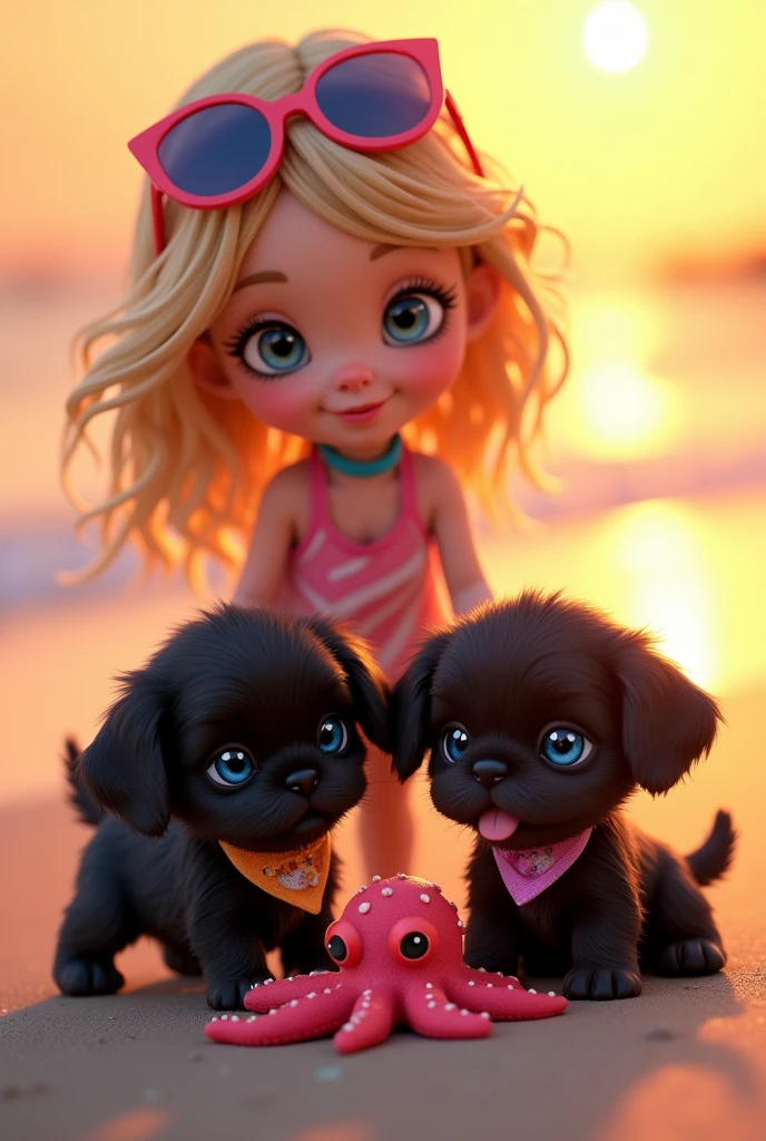 2 adorable black shih tzu puppies, cute blonde girl, extremely detailed big blue eyes, detailed face, beautiful lips, long eyelashes, wearing colorful collar and bandana, wearing sunglasses,playing with cute octopus, 3D Pixar style, at beach, sunrise in background, photorealistic, (best quality,8k,highres,masterpiece:1.2),ultra-detailed,(realistic:1.37),HDR,vivid colors,studio lighting