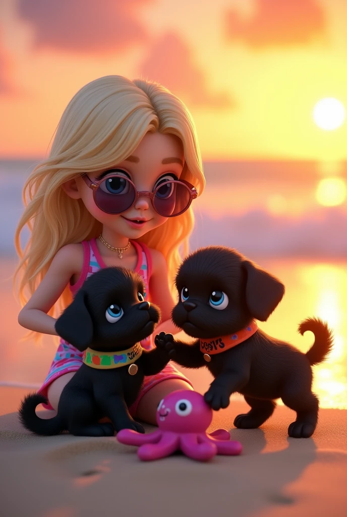 2 adorable black shih tzu puppies, cute blonde girl, extremely detailed big blue eyes, detailed face, beautiful lips, long eyelashes, wearing colorful collar and bandana, wearing sunglasses,playing with cute octopus, 3D Pixar style, at beach, sunrise in background, photorealistic, (best quality,8k,highres,masterpiece:1.2),ultra-detailed,(realistic:1.37),HDR,vivid colors,studio lighting