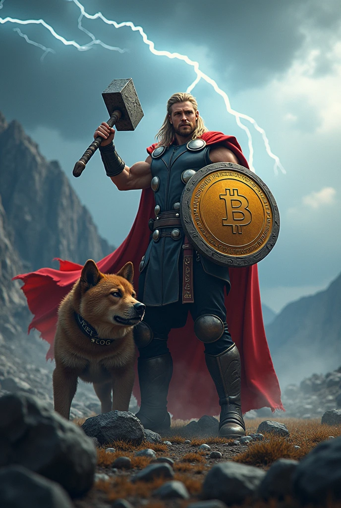 Generate an image of Thor with his hammer and Bitcoin shield defeating a bear, with your shiba inu dog wearing a collar with the letters DOG