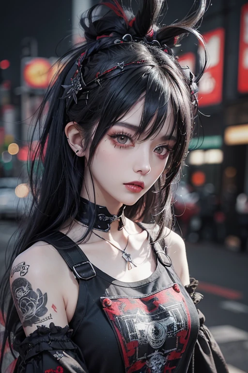 Highest quality、、masterpiece：1.3、Gothic Punk、Red inside、Gray Black Hair、hair ornaments、beautiful girl、creative、Punk Shirt、Neogoth、Goth Fashion：1.2、High resolution、masterpiece、Highest quality、頭w:1.3、((Hasselblad Photos))、Fine skin、Sharp focus、(Cinema Lighting)、Explore Tokyo&#39;The night city beyond the neon lights, Forehead open, 19 years old、Petting&#39;Hair back、Shoulder Bare、Small red rose tattoo on the décolletage、Just one tattoo