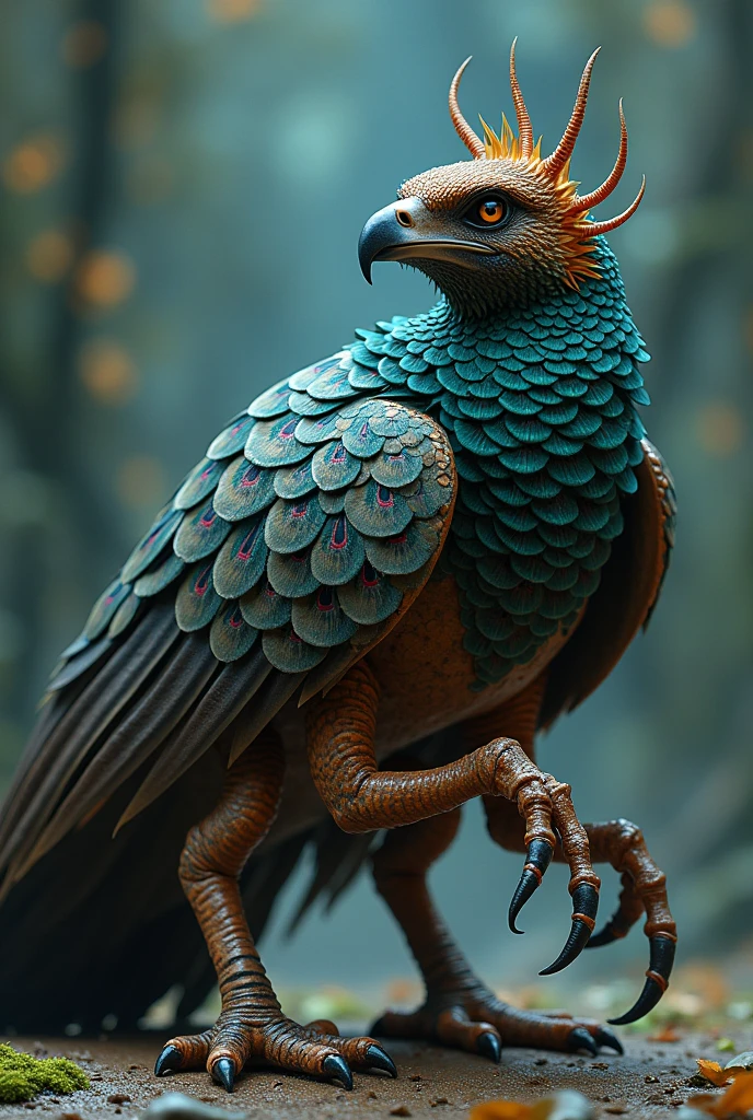 The Saskua hawk has sharp claws and poisonous stingers like a scorpion, and is covered with a hard brown exoskeleton overall. Its back is covered with bright feathers like a peacock, and is characterized by beautiful blue and green patterns. Its head resembles a scorpion, with small eyes and powerful jaws. It has six legs and can move quickly. There is a sharp poisonous stinger at the end of its tail, which is used for attack and defense. Its wings are large when spread out, and are usually folded and stored on its back. It has luminous spots that reflect light at night and give off a beautiful glow.