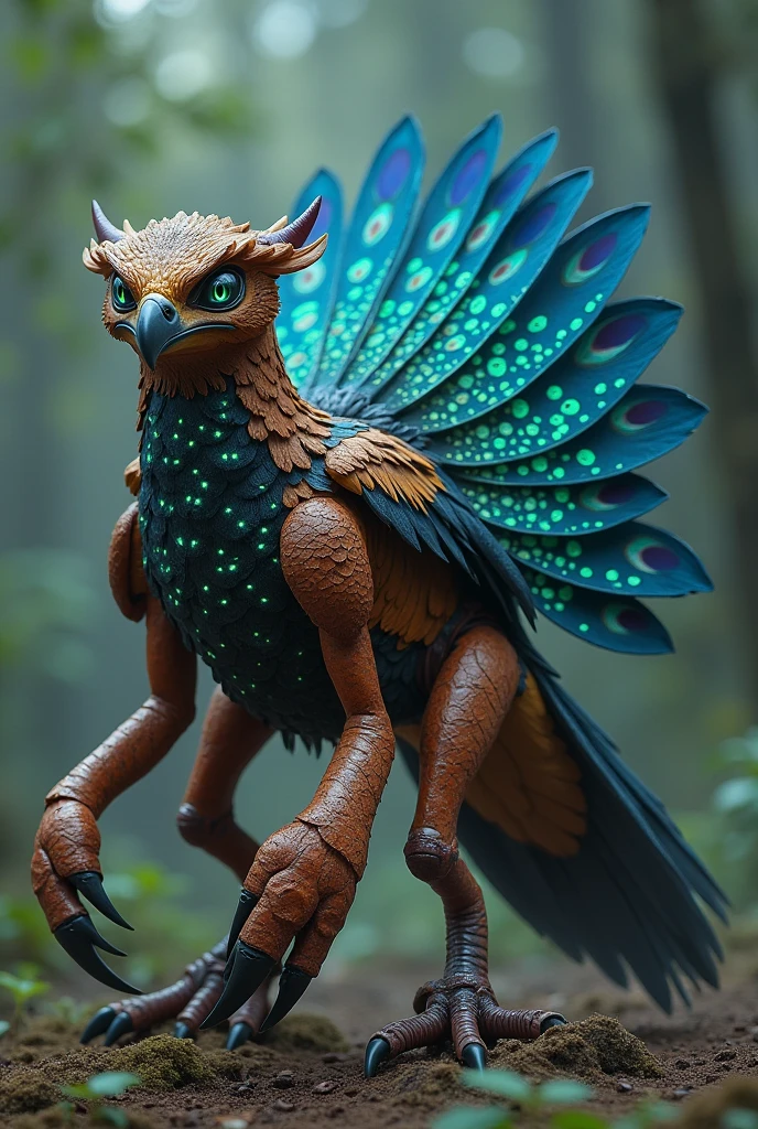 The Saskua hawk has sharp claws and poisonous stingers like a scorpion, and is covered with a hard brown exoskeleton overall. Its back is covered with bright feathers like a peacock, and is characterized by beautiful blue and green patterns. Its head resembles a scorpion, with small eyes and powerful jaws. It has six legs and can move quickly. There is a sharp poisonous stinger at the end of its tail, which is used for attack and defense. Its wings are large when spread out, and are usually folded and stored on its back. It has luminous spots that reflect light at night and give off a beautiful glow.