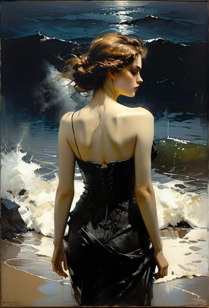of the sea. Masterpiece. Best quality. Beautiful cinematic impressionistic painting, Dark dramatic character, of the seain the style of Jeremy Mann and Charles Dana Gibson, Mark Demsteader, Paul Hedley. of the sea