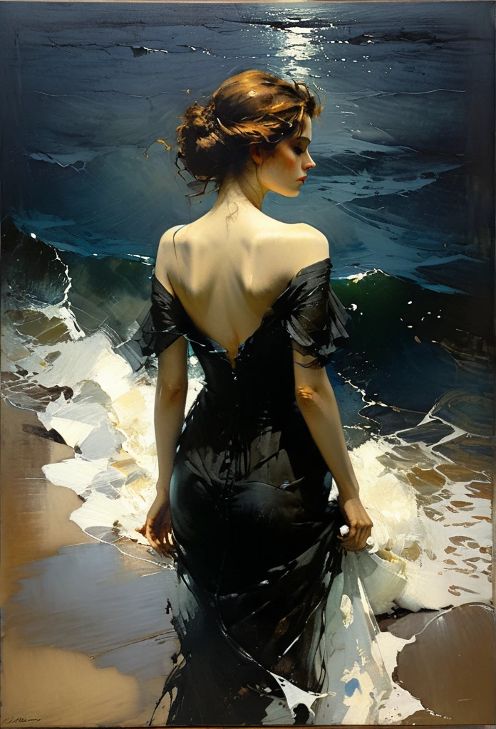 of the sea. Masterpiece. Best quality. Beautiful cinematic impressionistic painting, Dark dramatic character, of the seain the style of Jeremy Mann and Charles Dana Gibson, Mark Demsteader, Paul Hedley. of the sea