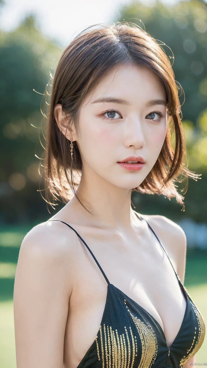 ((Best quality, 8k, masterpiece:1.3))，1girl，18 years old，Asian，Real texture:1.3，(Background blur:1.3)，Dress，Tall and slender figure:1.2，(Hot summer weather)，Highly detailed face and skin textures，Exquisite eyes，Long eyelashes，Double eyelids，Skin Whitening，happy，Beautiful breasts