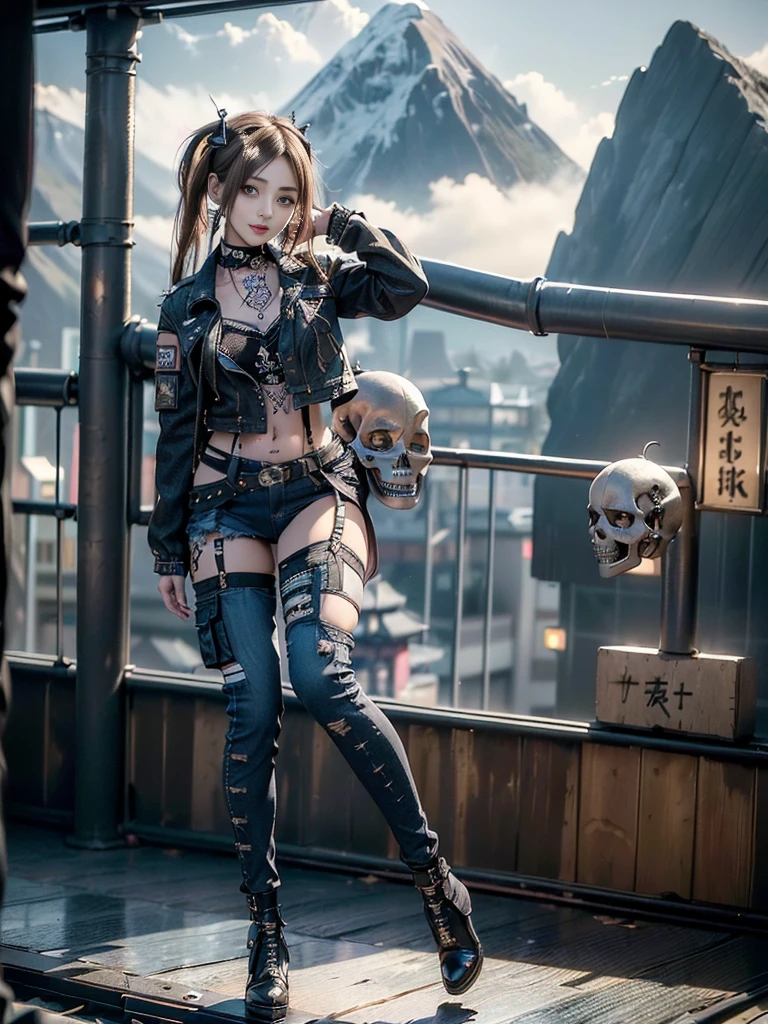(Beautiful lips and nose:1.4)、(Long eyelashes:1.4)、(Smiling with teeth showing:1.3),(Shibuya Gal:1.5)、(Gothic Lolita delicately decorated dress:1.5)、(Tattered denim and black punk rock cargo pants:1.5)、(Denim and black navy skull mark small jacket:1.4)、(denim garter belt:1.5)、(Black and denim knee socks:1.3)、(Skull Silver Accessories:1.5)、(Denim collar:1.3)、(Brown Skin Belt:1.4)、(Brown boots:1.2)、(The underwear is striped:1.4)、31 years old、((Highest quality、In 8K、masterpiece:1.3))、Sharp focus:1.2、(Layered Cut、Huge boobs:1.1),Beautiful woman with perfect figure:1.4、(Dancing vigorously:1.3)、Slender Abs:1.2、Highly detailed face and skin texture、Detailed eyes、double eyelid,(Twin tails:1.3)、(Cream colored hair:1.3)、Gravure idol、(The background is a vast mountain with a clear view々Beautiful luxury resort destination in Europe:1.3)、(Slim Body:1.2),(Make your legs thinner:1.4),(clavicle:1.1)