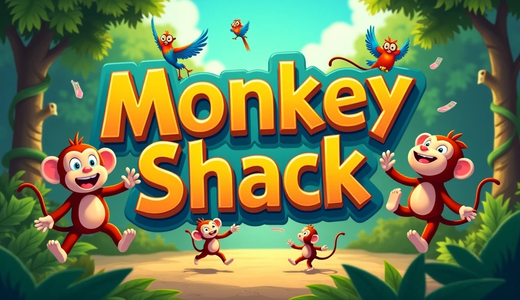 Create a vibrant YouTube channel banner for 'Monkey Shack.' The design should feature playful, dancing animals like monkeys and other wild creatures, set against a lively jungle background. Incorporate fun, energetic colors like greens, yellows, and blues to convey the upbeat, entertaining vibe of the channel. Include the channel name 'Monkey Shack' in bold, playful lettering that stands out, with dancing animals around it to highlight the theme of AI-generated animal dance videos.