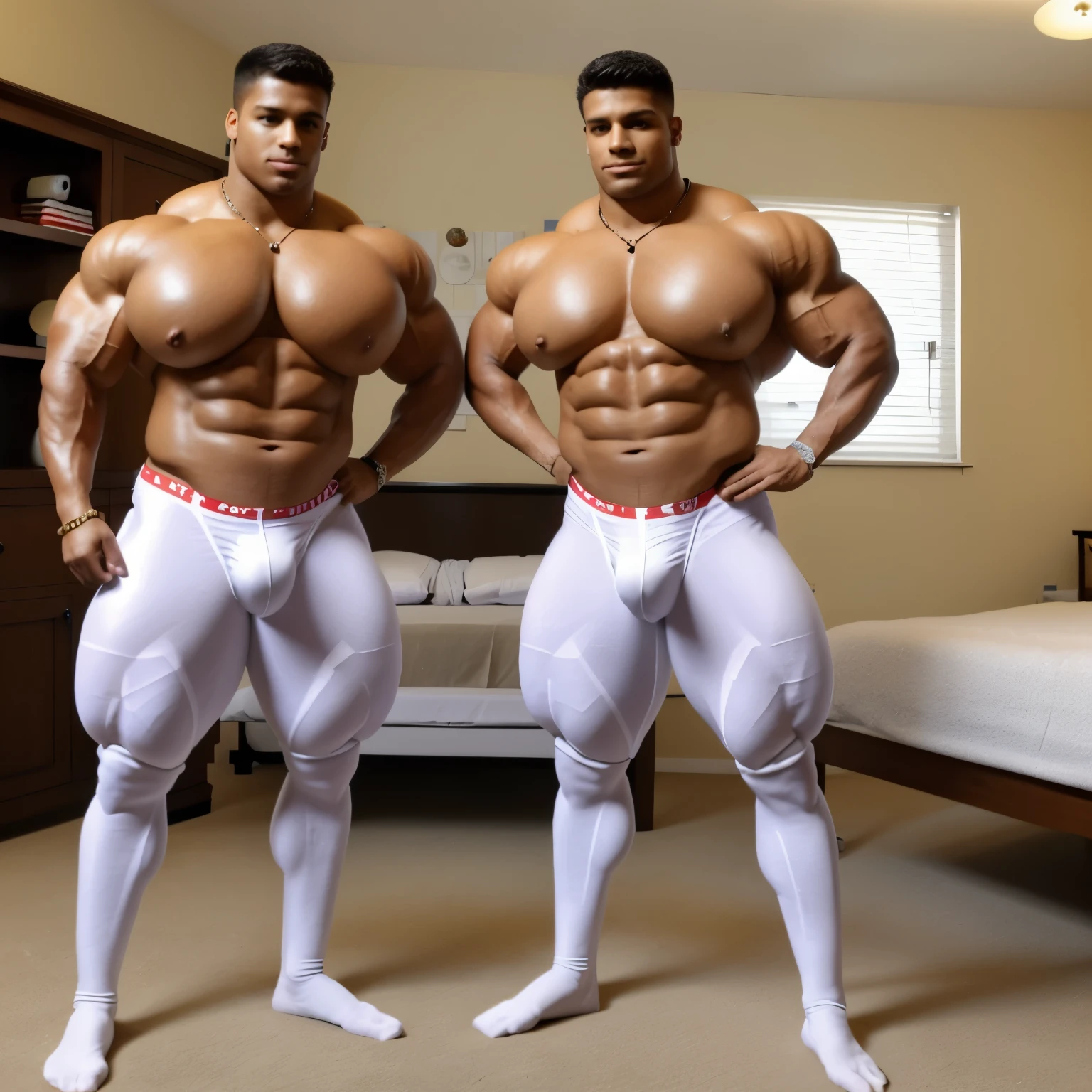 full body view, Two white european young 10 yo kids bodybuilders flexing their biceps in a front double biceps pose. Shirtless wearing white underwear and white socks, no shoes. In a dorm room. Handsome. One blonde, one brunett. Wide muscled shoulders. Thick pumped pecs. Huge extremely over-sized big bulbous biceps.dozens of golden glittering necklaces, rings, and bracelets Admiring each others enormous muscles . their pecs are touching. . White lycra nylon socks must be seen