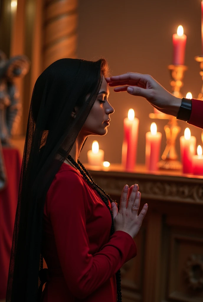 WOMAN IN RED, WITH SHORT WAVY HAIR, AND WEARS A BLACK LACE VEIL COVERING HER FACE. PRAYING KNEELING WITH EYES CLOSED WITH HANDS ON HEART IN FRONT OF AN ALTAR WITH LIT RED AND WHITE CANDLES AND LIT INCENSE, WHERE AN ANGEL IN RED LISTEN TO HER PRAYER FROM A LIGHT.
A hand appears touching her head as if listening to her prayer.