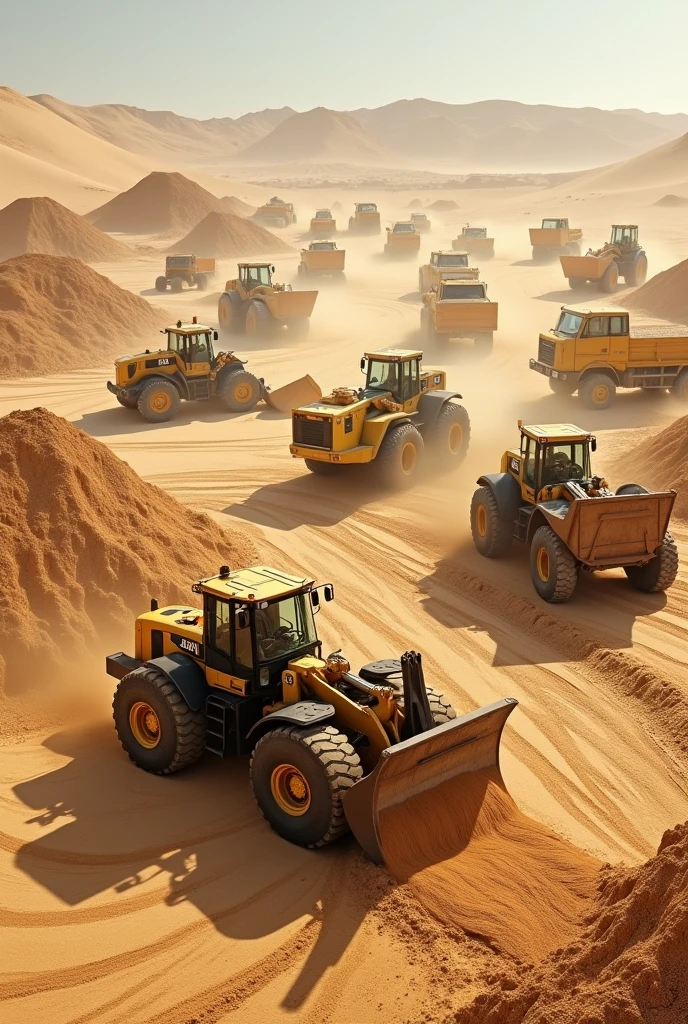 JCBs loading sand into many trucks from many sand piles