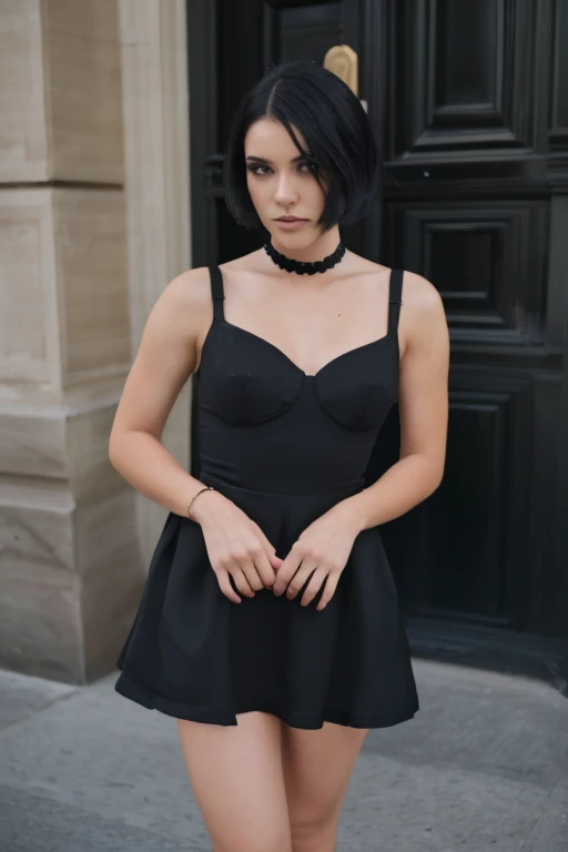 A gothic girl in a black dress, shoes black, short black hair, looked angelic