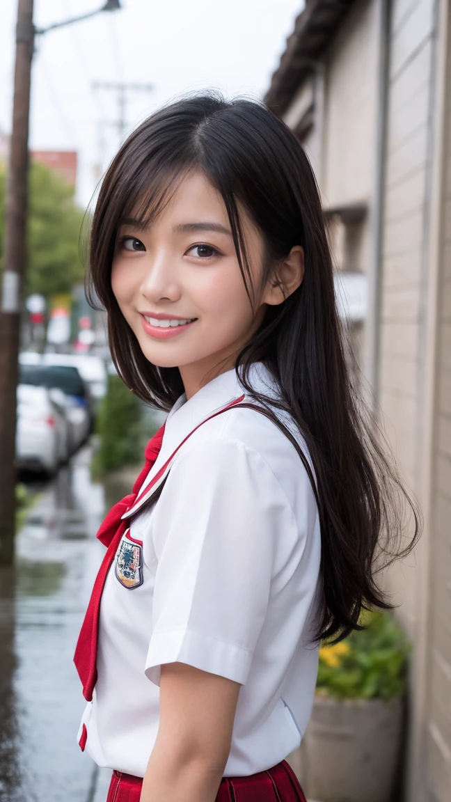 ((Highest quality, 8k, masterpiece: 1.3)), Sharp focus: 1.2, Perfect figure, beautiful, One Woman: 1.4, Slim Abs: 1.2, (Layered Hairstyles: 1.2)), (Japanese  girl uniform: 1.3), rain: 1.3, street: 1.2, Wet body: 1.1, Highly detailed face and skin texture, Detailed eyes, double eyelid, big, smile, RAW Photos