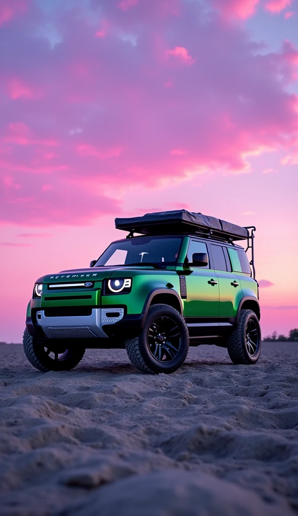 Brand new land rover greenish defender with defender roof carrier with stunning alloy wheels. violet sky. Gray soil