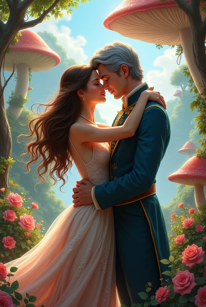 A woman named Alicia wearing a dress that isn't hers, with brown hair and a handsome Prince with gray hair. , kissing in wonderland