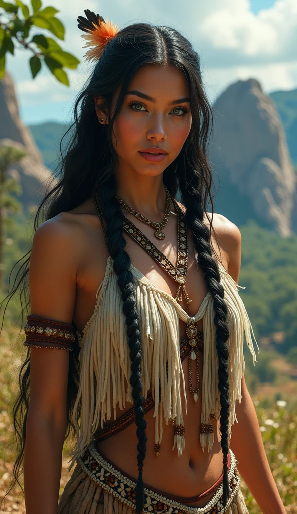 score_9, score_8_above, score_7_above, score_6_above, Classification_explicit, 1 girl, ((18 years:1.2)),(The best quality,A high resolution,Ultra - detailed,actual),Native American Ariana Grande,(wild Indian native American:1.4), adult, full lips, big light eyes, light blue eyes, ((by rubio:1)), (cabello ondulado long trenzado nativo indio: 1.2), (female native american:1.4) ,(native indian feathers :1.4), (Face details: 1.5, bright blue eyes, beautiful face, pretty eyes, iris coating, thin lips: 1.5, delgado, pale and sharp eyebrows, long, dark eyelashes, double tabs),(perfect hands detailed : 1.4 ) , (forest background big leaves :1.4), (native american V2.1), (native american:1.4), (fondo desierto casa native american:1.4), (dynamic cowboy pose),(( beautiful american indian warrior:1.4), (beautiful american indian warrior: V2.1)) , (bright colors), (big stones background:1.4 ), (meadow background :1.4), (falling rain cloudy:1.4), (great grassland autumn :1.4), (vestidor native american:1.4), (showing panties:1.4), (realistic V2.1), (Perfect anatomy)