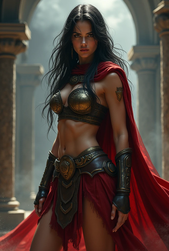 a beautiful spartan warrior girl, detailed facial features, gorgeous long dark hair, intense gaze, muscular athletic body, wearing spartan armor with red cloak, holding a spear, in a dramatic action pose, detailed shadows and lighting, highly detailed, cinematic composition, digital art, concept art, hyper realistic, muted color palette, dramatic lighting