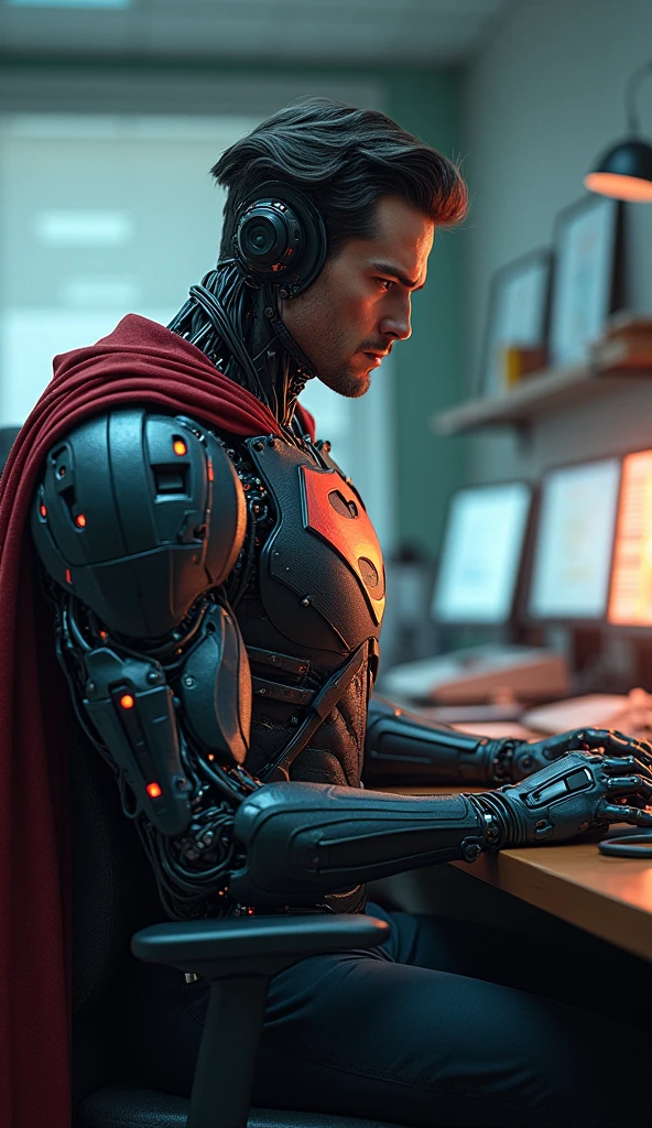 Avec une qualité d'image réaliste, le super-héros DC Cyborg travaille comme employé de bureau, étant à moitié humain, à moitié machine.