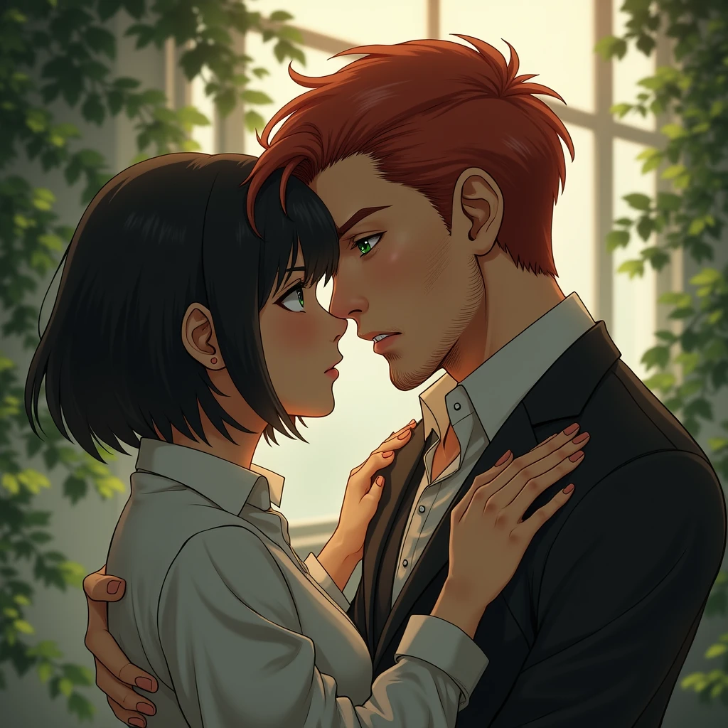 2 people, Handsome guy with red hair, green eyes, Freckles, He hugs a woman with very short black hair and black eyes., serious face, anime art, realistically, masterpiece, Beautiful, realistically