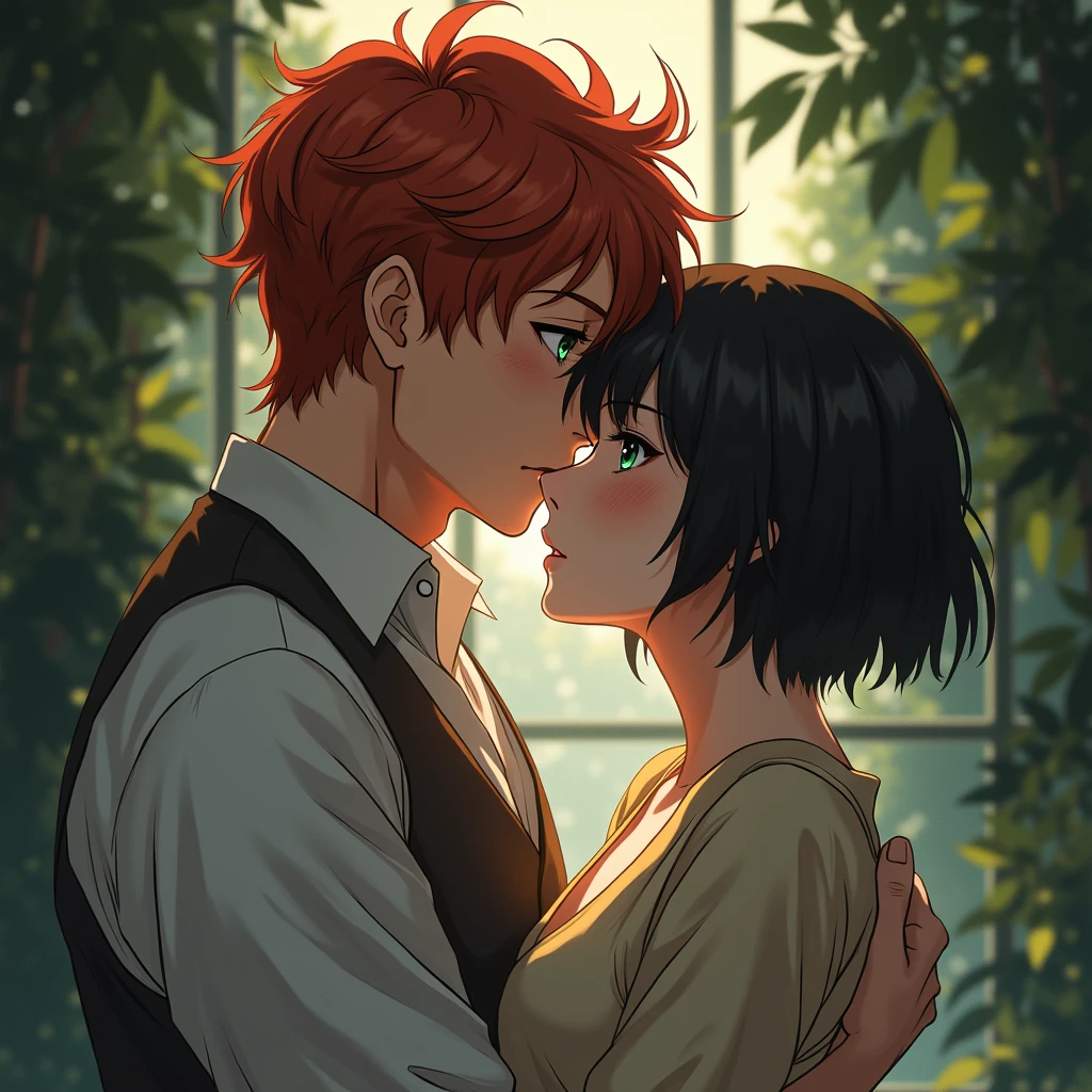  
2 people, Handsome guy with red hair, green eyes, Freckles, He hugs a woman with very short black hair and black eyes., serious face, anime art, realistically, masterpiece, Beautiful, realistically
