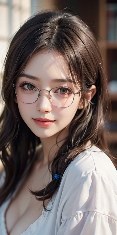 librarian、Clean look、White blouse、Tight Skirt、Glasses(masterpiece:1.3), (8k, Realistic, RAW Photos, Best image quality: 1.4), Japanese 、26 years old,(Random Hairstyles:1.2)、Cleavage:1.2、Highly detailed face、Attention to detail、double eyelid、Chest to chest、Sharp focus:1.2、Beautiful woman:1.4、Light brown hair、Highest quality、masterpiece、Ultra-high resolution、(Realistic:1.4)、Highly detailed and professionally lit smiles、