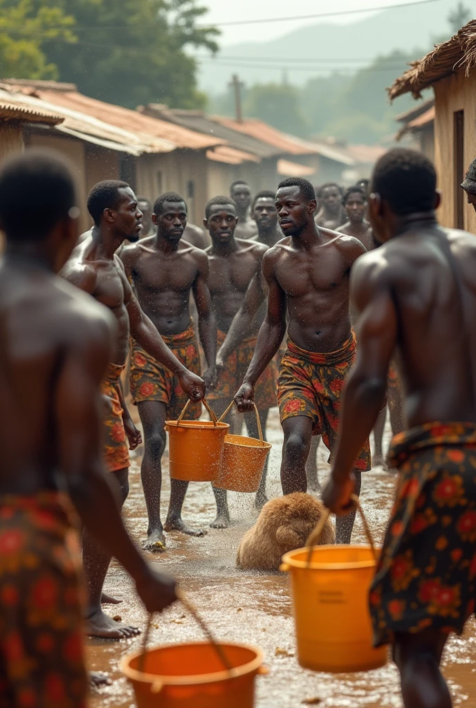 African Women and men fighting with buckets of water by the side