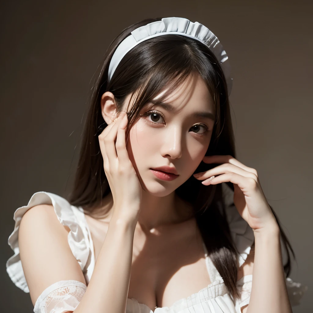 score_9, score_8_superior,score_7_superior,One person, Brown Hair,Maid Cosplay,Put your hands on your face, superiorper body, Maid clothes, A masterpiece of anatomy,((Maid clothes))(Carbowie shot)(Big Tits)