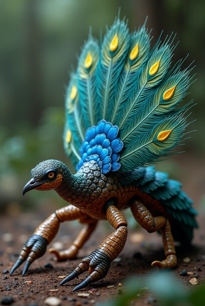 (best quality, masterpiece, ultra detailed, ultra high res, photorealistic, raw photo, absurdres, absolutely resolution), The Saskua hawk has sharp claws and poisonous stingers like a scorpion, and is covered with a hard brown exoskeleton overall. Its back is covered with bright feathers like a peacock, and is characterized by beautiful blue and green patterns. Its head resembles a scorpion, with small eyes and powerful jaws. It has six legs and can move quickly. There is a sharp poisonous stinger at the end of its tail, which is used for attack and defense. Its wings are large when spread out, and are usually folded and stored on its back. It has luminous spots that reflect light at night and give off a beautiful glow.