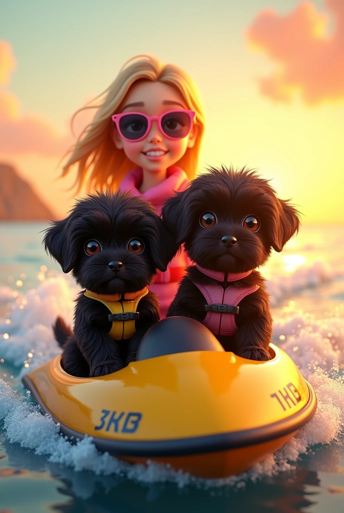 cute adorable 2 black shih tzu puppies, cute blonde girl, extremely detailed, big blue eyes, wearing colorful collar and life jackets, wearing sunglasses, riding jet ski, 3D Pixar style, at beach, sun rise in background photorealistic, (best quality,8k,highres,masterpiece:1.2),ultra-detailed,(realistic:1.37),HDR,vivid colors,studio lighting