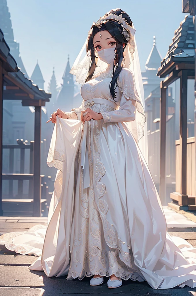 ((((High resolution, Intricate details, masterpiece, 8k)))), (((beautiful, Veil, Wedding dress))), ((One Woman, full body, Are standing)), (Black Hair, parted bangs, forehead, Long Hair, ponytail, slender), from front, looking at viewer, look at viewer, smile, shrine, night, moon,