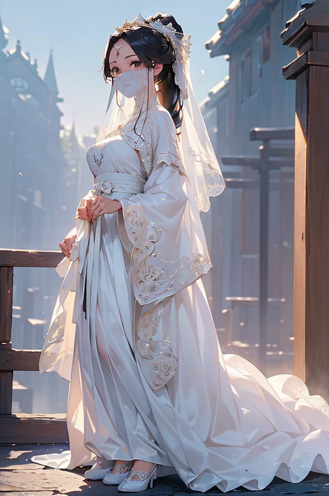 ((((High resolution, Intricate details, masterpiece, 8k)))), (((beautiful, Veil, Wedding dress))), ((One Woman, full body, Are standing)), (Black Hair, parted bangs, forehead, Long Hair, ponytail, slender), from front, looking at viewer, look at viewer, smile, shrine, night, moon,