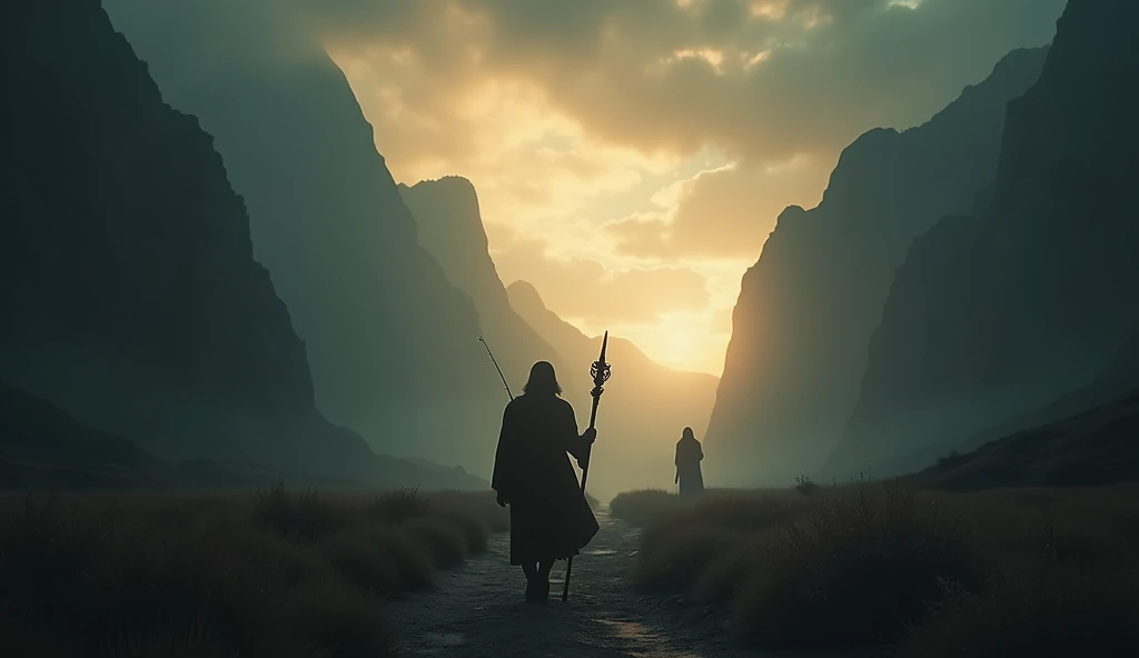 Create a realistic cinematic scene that portrays the passage "Even though I walk through the valley of the shadow of death, I would fear no harm, Because you're with me.; Your rod and your staff comfort me." The image should show a vast and shadowy valley, Surrounded by imposing mountains and heavy clouds, With an atmosphere of mystery and tension. In the center of the scene, A solemn character walks with firm steps, Despite the darkness around. He holds a sturdy rod and an ornamented staff, Which emit a faint comforting light. Ao fundo, A protective silhouette appears, Symbolizing the comforting presence mentioned in the text. The soft light of dusk begins to break through the darkness, Creating a contrast between hope and fear. The scene should convey a feeling of courage, Protection and comfort, Evoking the message of faith and comfort in the face of adversity.