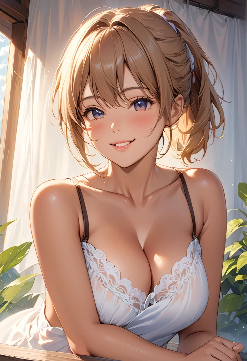 chisato nishikigi , blowjob,, tanned sexy body , naked , slim beautiful lips , more distinct jawline , sexier more mature face , sexy (masterpiece), (best quality), (ultra-detailed), (best illustration), (best shadow), (absurdres), Female, 25 years old, looking at viewer, skin, steam, shy, medium breasts, (cleavage:1.4), blond hair, white camisole, smile, nsfw,