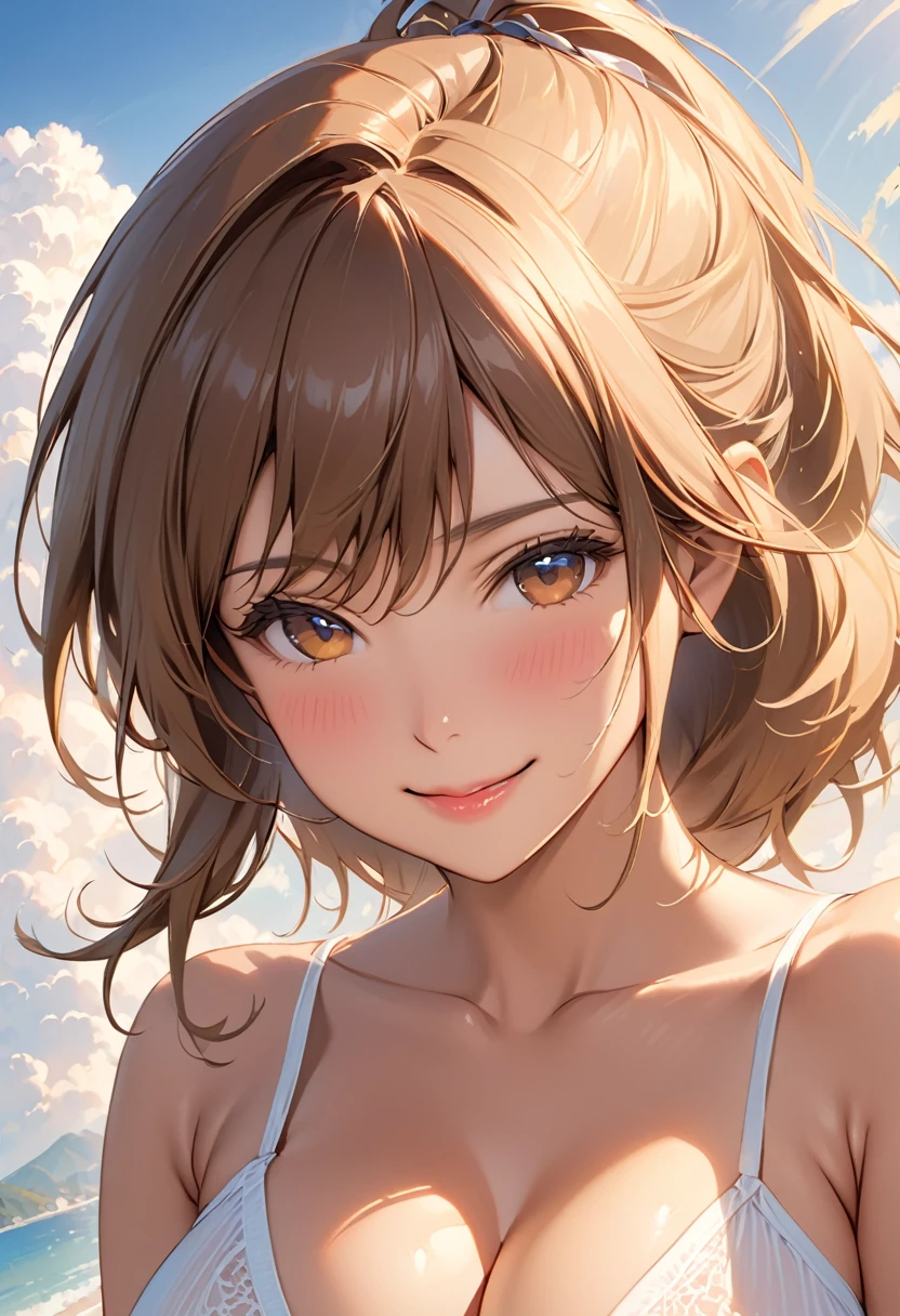 masterpiece, upper body shot , 12-year-old 1loli、independent、Look forward、Light eye makeup、Brown Hair Color、flat 、Hair blowing in the wind、Quality of actress、Shiny, Ultra-realistic faces、smile、Watery eyes、look up、Soothing lighting effects、 Ultra-Realistic Capture、Very detailed、High resolution 16k human skin closeup, Skin texture must be natural、Must be so detailed that pores are visible、skin is healthy、Must be of knitwear tone、Use natural light and color、High quality photos taken by modeling agencies, Exclusive photographer、smile, completely nude, no bra, showing small cleavage of the tiny breasts, pretty infant:1.3