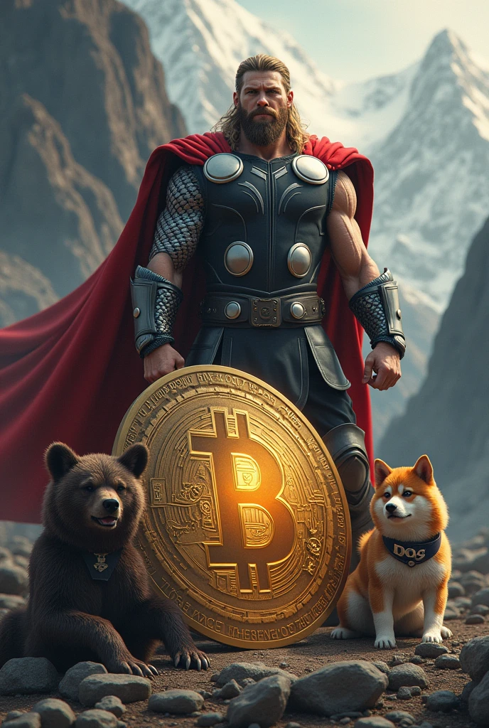 Generate an image of Thor with his hammer and Bitcoin shield defeating a bear, with your shiba inu dog wearing a collar with the letters DOG