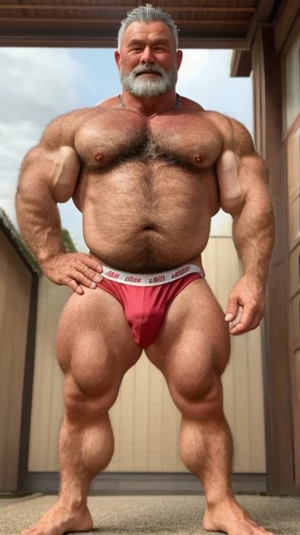 An older Japanese male bodybuilder with his upper body naked。Big muscles。Big Belly。thick limbs。
A standing posture that shows the whole body。
極端に短いGray-hairedの顎髭。
極端に短いGray-hairedの髪。
The man is only wearing red bikini briefs.。
The crotch of the red bikini briefs is very large and round and bulging。
Sun-tanned hairy skin。
男性はThe whole body is hairy。Full body covered in hair。Gray-hairedの胸毛。Gray-hairedの腹毛。Gray-hairedの下腹部の毛。Arm hair。Leg hair。Thigh hair。shin hair。
A symmetrical Japanese face。round face。The gentle face of the Japanese。Gentle face of Japan man。The gentle expression of a Japanese person。single eyelid。Kind eyes。Small eyes。Round Nose。Big Nose。Small Mouth。Small lips。
Statue。Low - Angle。Full body portrait。Gray-haired。The whole body is hairy。
Maximum number of pixels。Highest quality。ピントがきちんと合ったHighest qualityの写真画質。