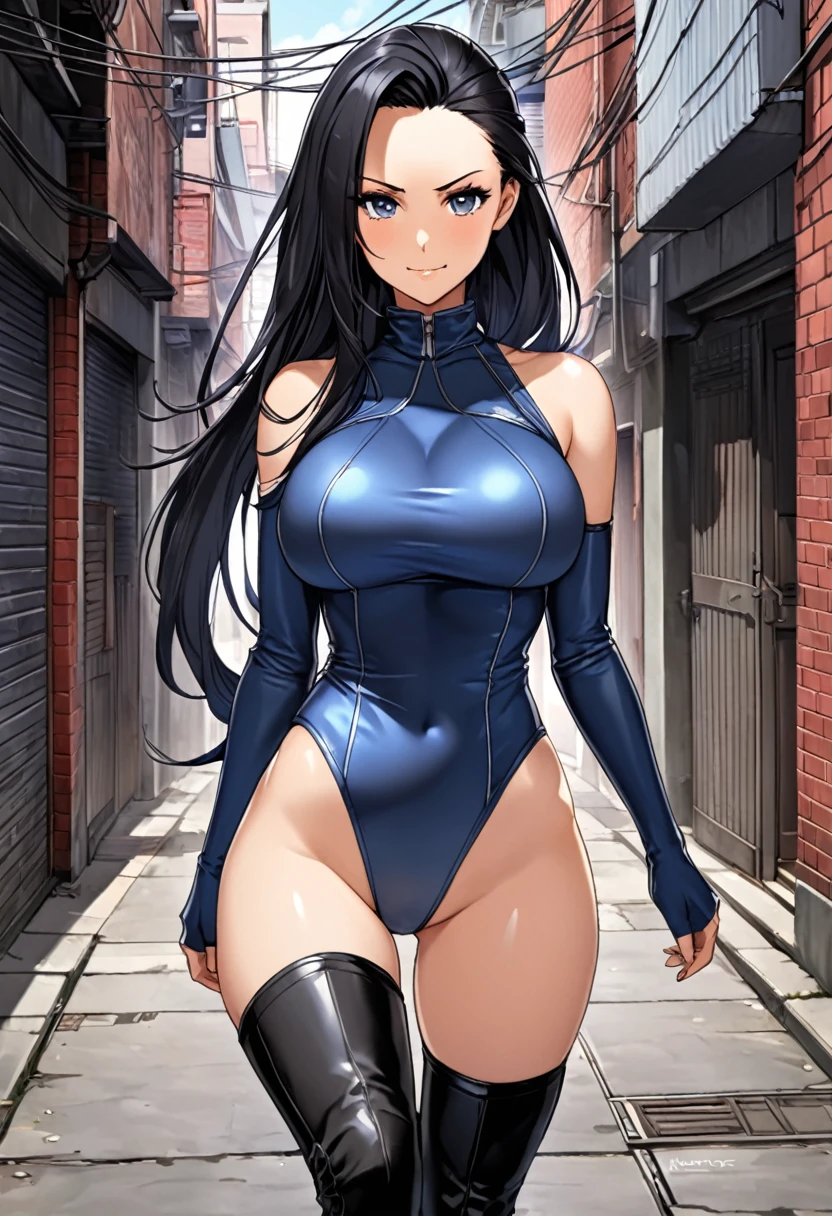 ｛Highest quality｝｛1 female, 25 years old｝｛Fighter｝｛Black Hair、Long Hair、ponytail｝｛forehead、Forehead｝｛Big Breasts｝｛Grey Eyes、Slanted Eyes、Squint your eyes｝｛Black knee-high boots with a leather-like texture｝｛Shoulder Bare｝｛strong｝｛alley｝Parted bangs, ｛High leg｝｛A seductive smile｝｛Blue leotard｝｛slouch、Put your chest close｝