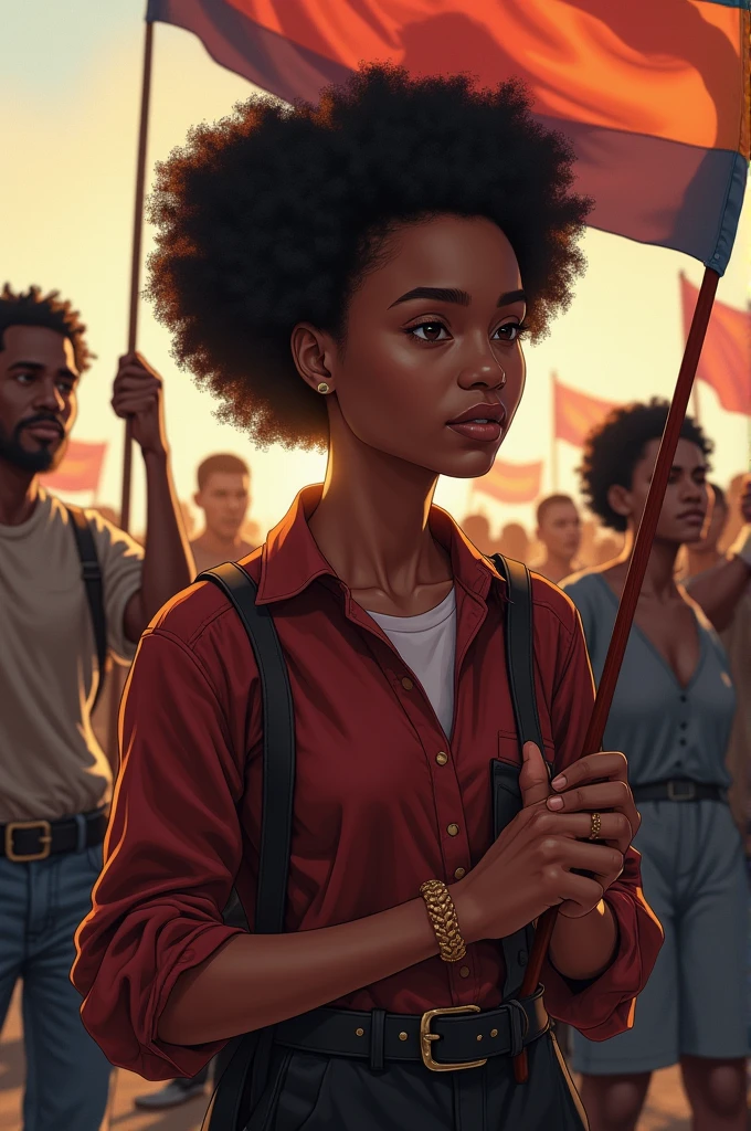 Create a light-skinned black woman, activity, in the background a movement of black people holding a flag of racial equality