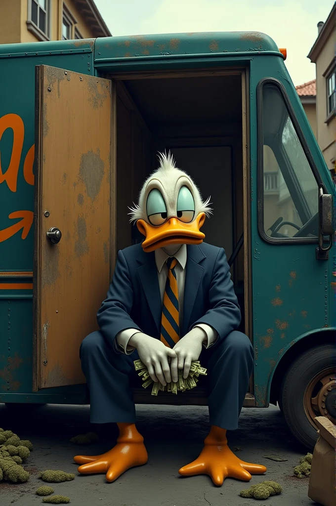 I want you to portray Scrooge McDuck as a gangster who is sitting in an Amazon truck, the door is open and he is looking into the camera, he has a few bundles of money in his hand, on the truck there is a big CaliZon Prime written on it in Amazon colors, that has to be visible, as well as a few kilo packages of cannabis and hashish, in the background run-down houses and junkies 