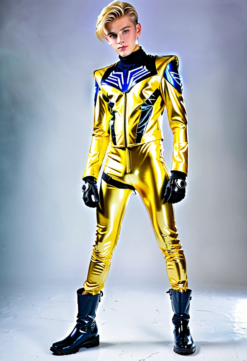 Power ranger suit, shiny cyber jacket, cyber gloves, cyber boots, handsome and good looking young boy, 18 years old, shiny blonde hair, tall, slim, piercing eyes
