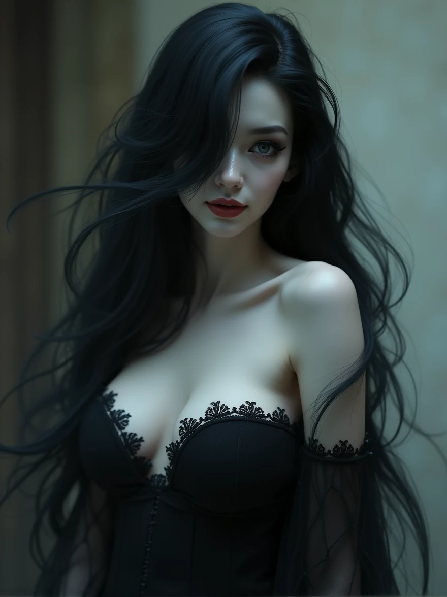 Ghost woman, long black hair, hair over one eye, goth makeup, smile, low cut strapless dress, large breasts