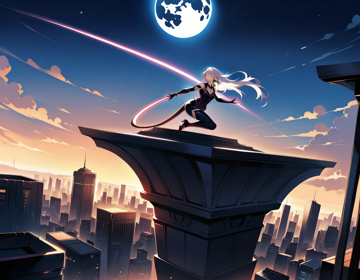 In a breathtaking scene, a stunning female cyborg ninja hurtles through the city's towering skyscrapers under the watchful gaze of a radiant full moon hovering majestically above. With her sleek, metallic limbs propelling her forward, she effortlessly bounds from rooftop to rooftop, her flowing silver locks streaming behind like a comet's tail., (masterpiece, Award-winning work, extreme quality, ultra high definition, all intricate, overall detailed, very aesthetic, boast pompously, focus on entire screen, asymmetrical, raytraced, incredibly absurd resolution, absolutely resolution, ultra high resolution, professional, vivid colors, 16k, perfect anatomy, ideal facial features, Beautifully detailed face, Beautifully detailed eyes, ideally proportioned figure, perfectly beautiful body),