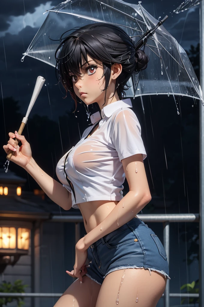 ((Best quality, 8k, Masterpiece: 1.3)), Sharp focus: 1.2, A beautiful woman with perfect body: 1.4, Slim abdomen: 1.2, plain white shirt , denim short , ((Layered haircut, Large breasts: 1.2)), (no bra) (Small , pink  and beautiful hard nipple) (Thin and damp button up to shirt length: 1.1), (White shirt wet by rain), (Rain, Street: 1.2), Wet body: 1.1, Highly detailed face and skin texture, Detailed eyes, Double eyelid, tanned skin, sexy, tan