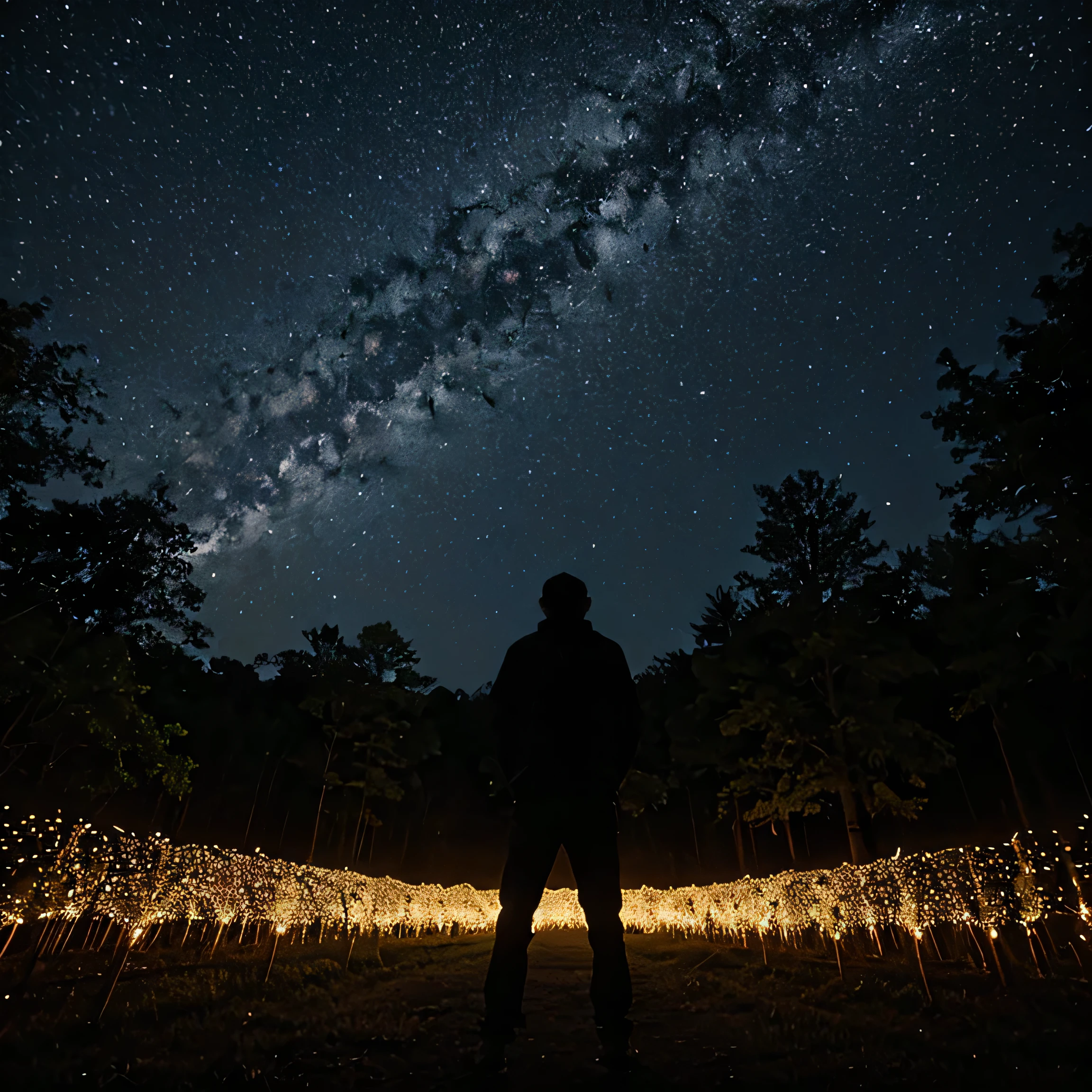 A person made of fireflies, surrounded by fireflies.